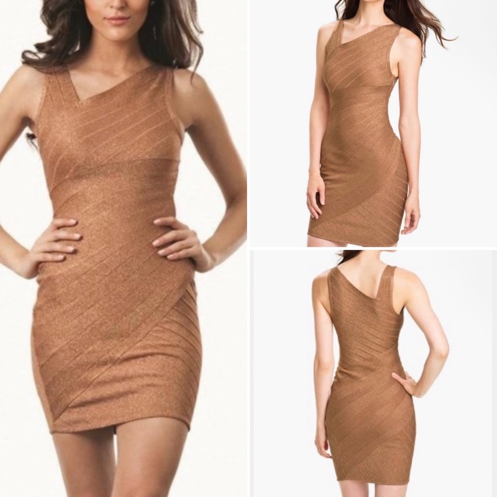 JS Collections Rose Gold/Bronze Bandage Dress: Size 4